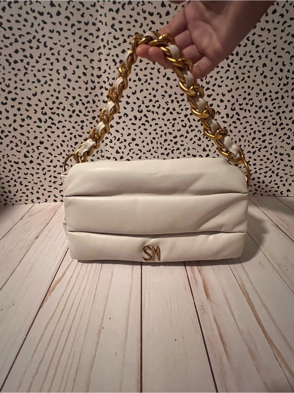 Steve Madden Cream Quilted Shoulder Bag with Gold Chain Accent